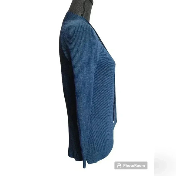 Eileen Fisher Open Front Ribbed Blue 100% Wool Cardigan - Picture 3 of 5